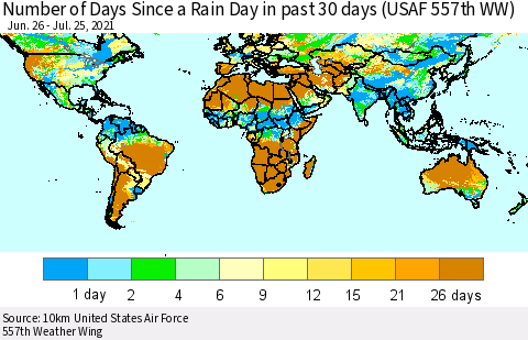 World Number of Days Since a Rain Day in past 30 days (USAF 557th WW) Thematic Map For 7/21/2021 - 7/25/2021
