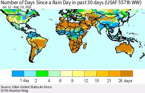 World Number of Days Since a Rain Day in past 30 days (USAF 557th WW) Thematic Map For 8/6/2021 - 8/10/2021