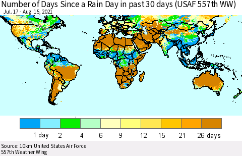 World Number of Days Since a Rain Day in past 30 days (USAF 557th WW) Thematic Map For 8/11/2021 - 8/15/2021