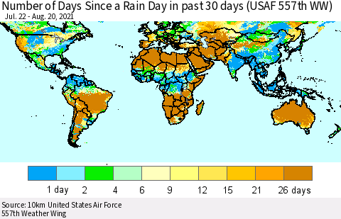 World Number of Days Since a Rain Day in past 30 days (USAF 557th WW) Thematic Map For 8/16/2021 - 8/20/2021