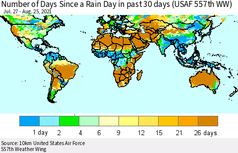 World Number of Days Since a Rain Day in past 30 days (USAF 557th WW) Thematic Map For 8/21/2021 - 8/25/2021