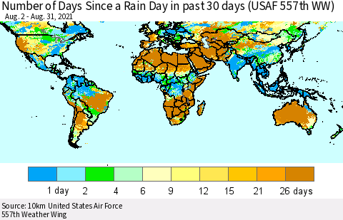 World Number of Days Since a Rain Day in past 30 days (USAF 557th WW) Thematic Map For 8/26/2021 - 8/31/2021