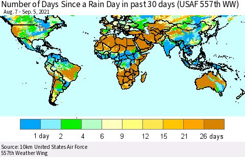 World Number of Days Since a Rain Day in past 30 days (USAF 557th WW) Thematic Map For 9/1/2021 - 9/5/2021