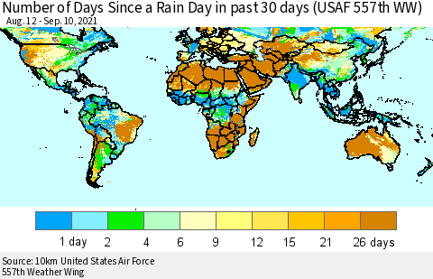 World Number of Days Since a Rain Day in past 30 days (USAF 557th WW) Thematic Map For 9/6/2021 - 9/10/2021