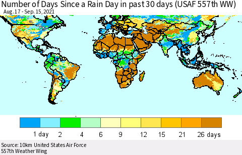 World Number of Days Since a Rain Day in past 30 days (USAF 557th WW) Thematic Map For 9/11/2021 - 9/15/2021