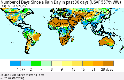World Number of Days Since a Rain Day in past 30 days (USAF 557th WW) Thematic Map For 9/16/2021 - 9/20/2021