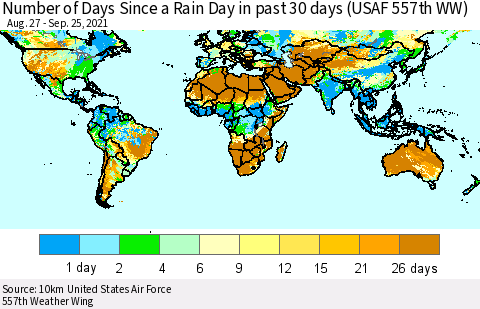 World Number of Days Since a Rain Day in past 30 days (USAF 557th WW) Thematic Map For 9/21/2021 - 9/25/2021