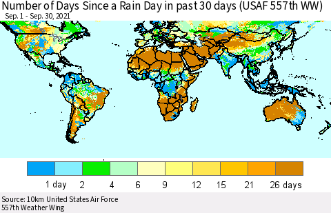 World Number of Days Since a Rain Day in past 30 days (USAF 557th WW) Thematic Map For 9/26/2021 - 9/30/2021
