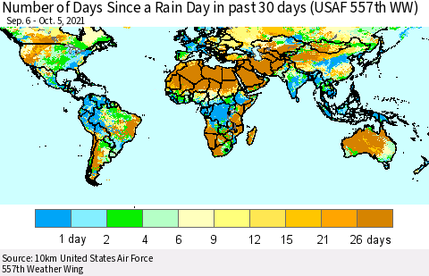 World Number of Days Since a Rain Day in past 30 days (USAF 557th WW) Thematic Map For 10/1/2021 - 10/5/2021