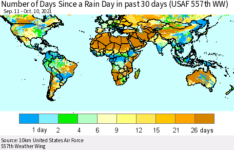 World Number of Days Since a Rain Day in past 30 days (USAF 557th WW) Thematic Map For 10/6/2021 - 10/10/2021