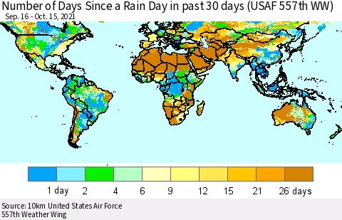 World Number of Days Since a Rain Day in past 30 days (USAF 557th WW) Thematic Map For 10/11/2021 - 10/15/2021