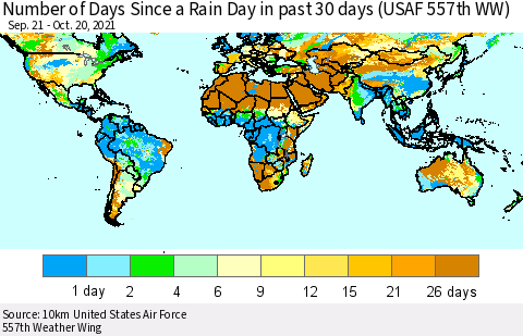 World Number of Days Since a Rain Day in past 30 days (USAF 557th WW) Thematic Map For 10/16/2021 - 10/20/2021