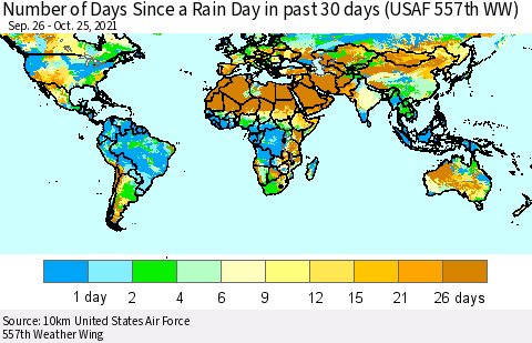 World Number of Days Since a Rain Day in past 30 days (USAF 557th WW) Thematic Map For 10/21/2021 - 10/25/2021
