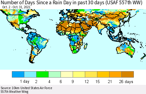 World Number of Days Since a Rain Day in past 30 days (USAF 557th WW) Thematic Map For 10/26/2021 - 10/31/2021