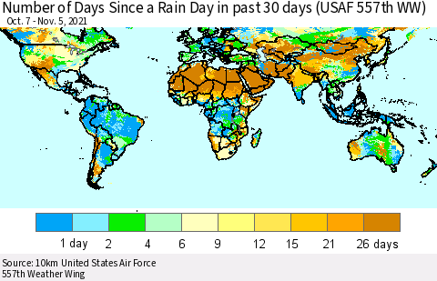World Number of Days Since a Rain Day in past 30 days (USAF 557th WW) Thematic Map For 11/1/2021 - 11/5/2021
