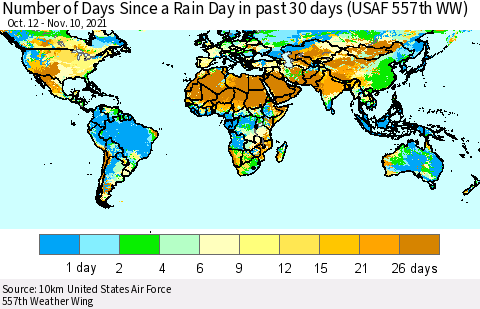 World Number of Days Since a Rain Day in past 30 days (USAF 557th WW) Thematic Map For 11/6/2021 - 11/10/2021