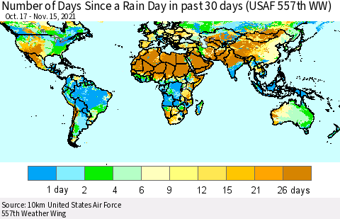 World Number of Days Since a Rain Day in past 30 days (USAF 557th WW) Thematic Map For 11/11/2021 - 11/15/2021