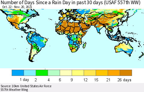 World Number of Days Since a Rain Day in past 30 days (USAF 557th WW) Thematic Map For 11/16/2021 - 11/20/2021