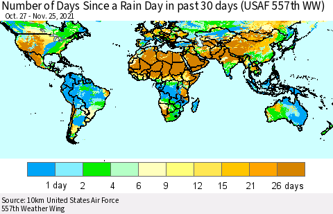 World Number of Days Since a Rain Day in past 30 days (USAF 557th WW) Thematic Map For 11/21/2021 - 11/25/2021