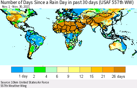 World Number of Days Since a Rain Day in past 30 days (USAF 557th WW) Thematic Map For 11/26/2021 - 11/30/2021