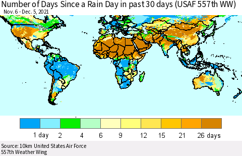 World Number of Days Since a Rain Day in past 30 days (USAF 557th WW) Thematic Map For 12/1/2021 - 12/5/2021
