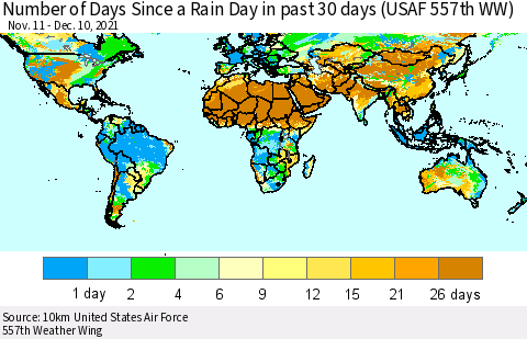 World Number of Days Since a Rain Day in past 30 days (USAF 557th WW) Thematic Map For 12/6/2021 - 12/10/2021