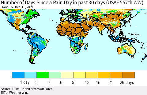 World Number of Days Since a Rain Day in past 30 days (USAF 557th WW) Thematic Map For 12/11/2021 - 12/15/2021