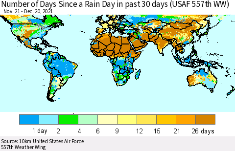 World Number of Days Since a Rain Day in past 30 days (USAF 557th WW) Thematic Map For 12/16/2021 - 12/20/2021