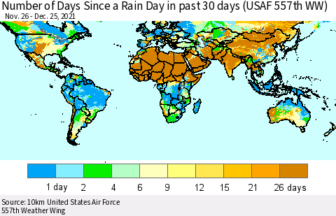 World Number of Days Since a Rain Day in past 30 days (USAF 557th WW) Thematic Map For 12/21/2021 - 12/25/2021