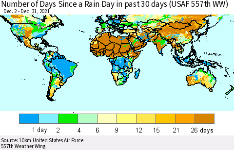 World Number of Days Since a Rain Day in past 30 days (USAF 557th WW) Thematic Map For 12/26/2021 - 12/31/2021