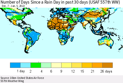 World Number of Days Since a Rain Day in past 30 days (USAF 557th WW) Thematic Map For 1/1/2022 - 1/5/2022