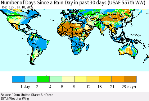 World Number of Days Since a Rain Day in past 30 days (USAF 557th WW) Thematic Map For 1/6/2022 - 1/10/2022