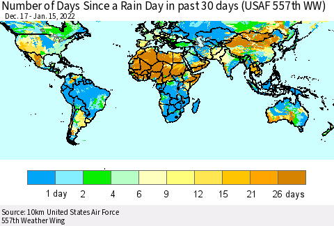 World Number of Days Since a Rain Day in past 30 days (USAF 557th WW) Thematic Map For 1/11/2022 - 1/15/2022