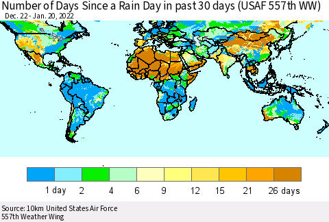 World Number of Days Since a Rain Day in past 30 days (USAF 557th WW) Thematic Map For 1/16/2022 - 1/20/2022