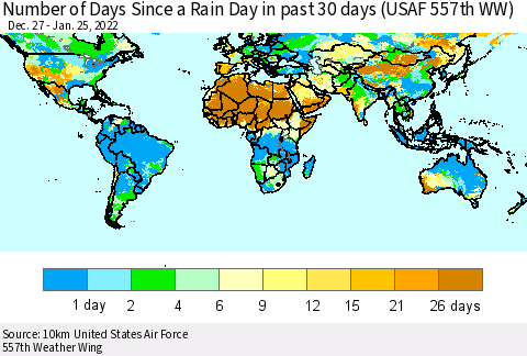 World Number of Days Since a Rain Day in past 30 days (USAF 557th WW) Thematic Map For 1/21/2022 - 1/25/2022