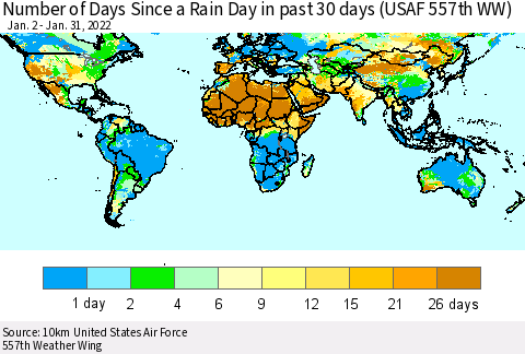 World Number of Days Since a Rain Day in past 30 days (USAF 557th WW) Thematic Map For 1/26/2022 - 1/31/2022