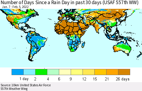 World Number of Days Since a Rain Day in past 30 days (USAF 557th WW) Thematic Map For 2/1/2022 - 2/5/2022