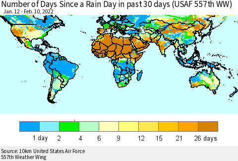 World Number of Days Since a Rain Day in past 30 days (USAF 557th WW) Thematic Map For 2/6/2022 - 2/10/2022