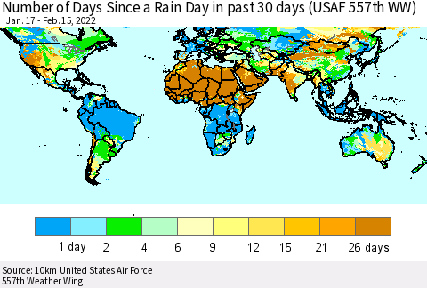 World Number of Days Since a Rain Day in past 30 days (USAF 557th WW) Thematic Map For 2/11/2022 - 2/15/2022