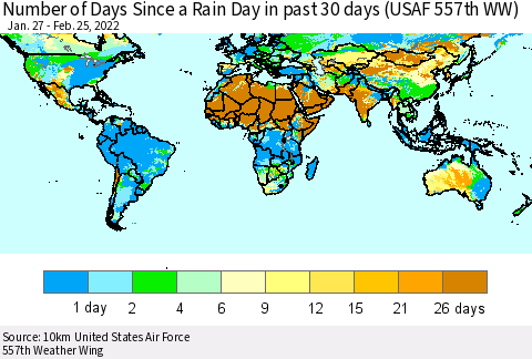 World Number of Days Since a Rain Day in past 30 days (USAF 557th WW) Thematic Map For 2/21/2022 - 2/25/2022