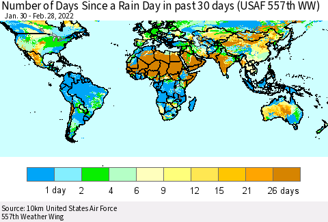 World Number of Days Since a Rain Day in past 30 days (USAF 557th WW) Thematic Map For 2/26/2022 - 2/28/2022