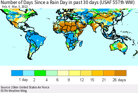 World Number of Days Since a Rain Day in past 30 days (USAF 557th WW) Thematic Map For 3/1/2022 - 3/5/2022