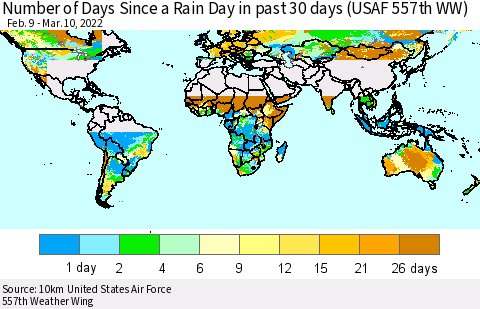 World Number of Days Since a Rain Day in past 30 days (USAF 557th WW) Thematic Map For 3/6/2022 - 3/10/2022
