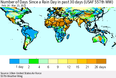 World Number of Days Since a Rain Day in past 30 days (USAF 557th WW) Thematic Map For 3/11/2022 - 3/15/2022