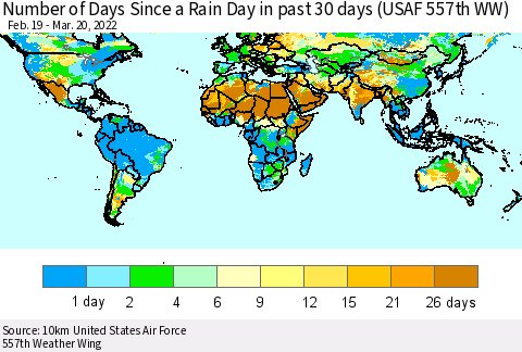 World Number of Days Since a Rain Day in past 30 days (USAF 557th WW) Thematic Map For 3/16/2022 - 3/20/2022