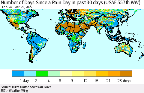 World Number of Days Since a Rain Day in past 30 days (USAF 557th WW) Thematic Map For 3/21/2022 - 3/25/2022