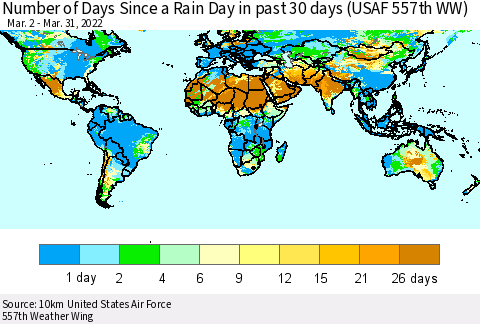 World Number of Days Since a Rain Day in past 30 days (USAF 557th WW) Thematic Map For 3/26/2022 - 3/31/2022