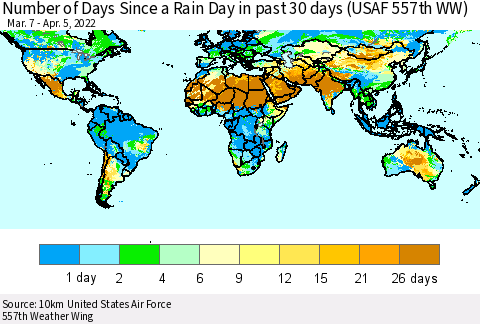 World Number of Days Since a Rain Day in past 30 days (USAF 557th WW) Thematic Map For 4/1/2022 - 4/5/2022