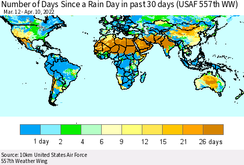 World Number of Days Since a Rain Day in past 30 days (USAF 557th WW) Thematic Map For 4/6/2022 - 4/10/2022