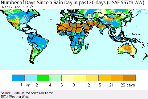 World Number of Days Since a Rain Day in past 30 days (USAF 557th WW) Thematic Map For 4/11/2022 - 4/15/2022